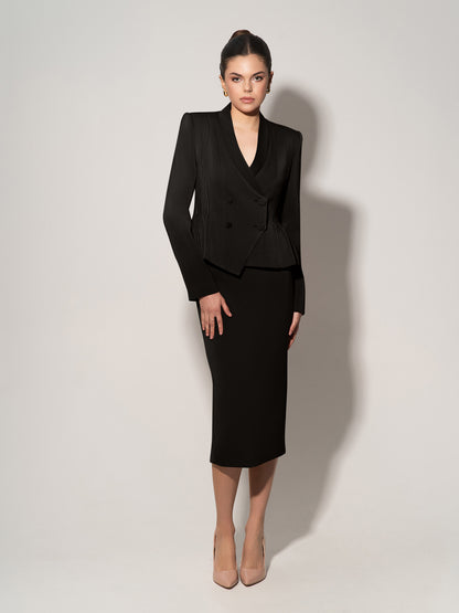 Double-Breasted Blazer With Pleated Details - Black
