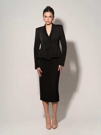 Double-Breasted Blazer With Pleated Details - Black