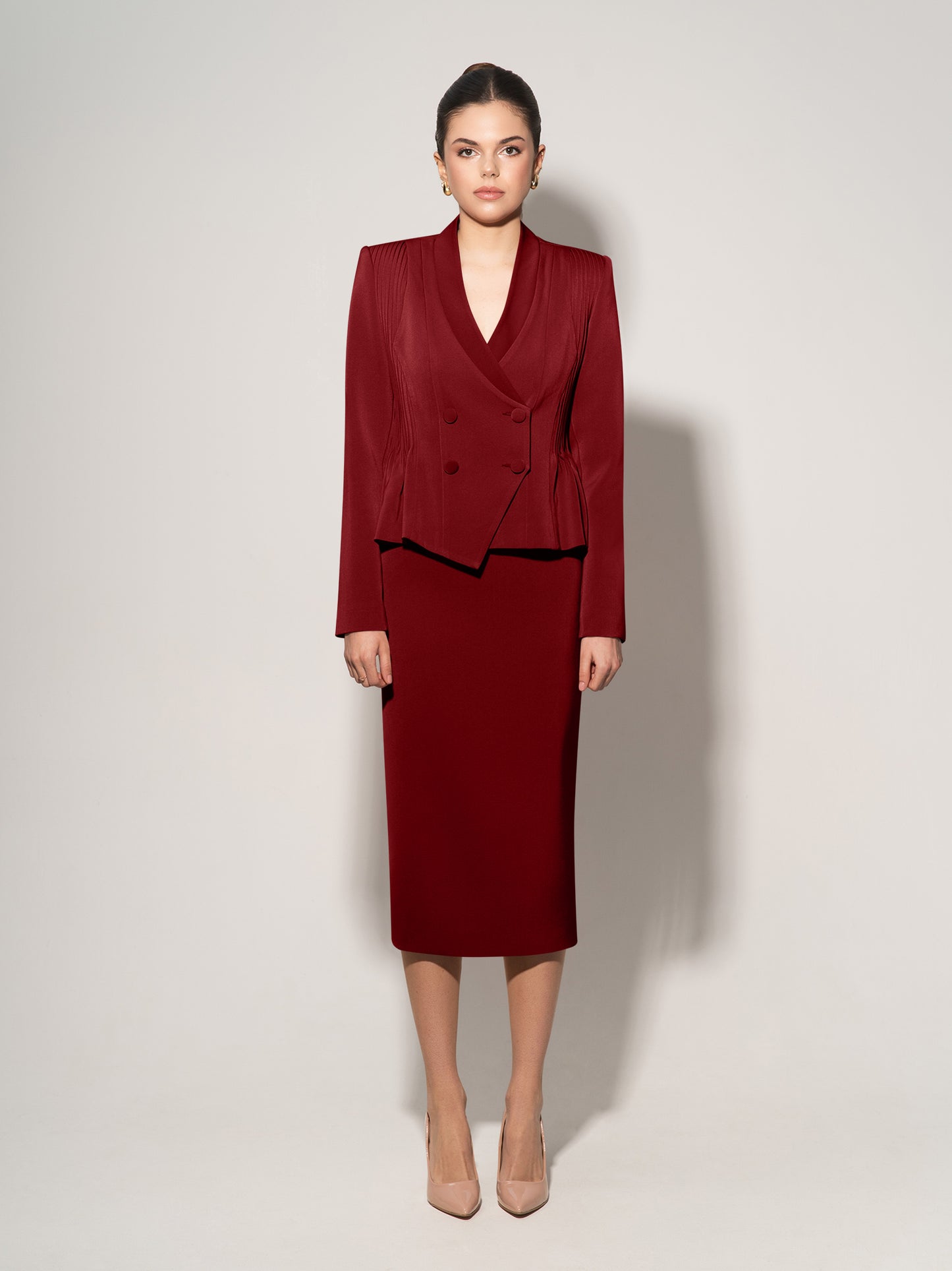Double-Breasted Blazer With Pleated Details - Burgundy