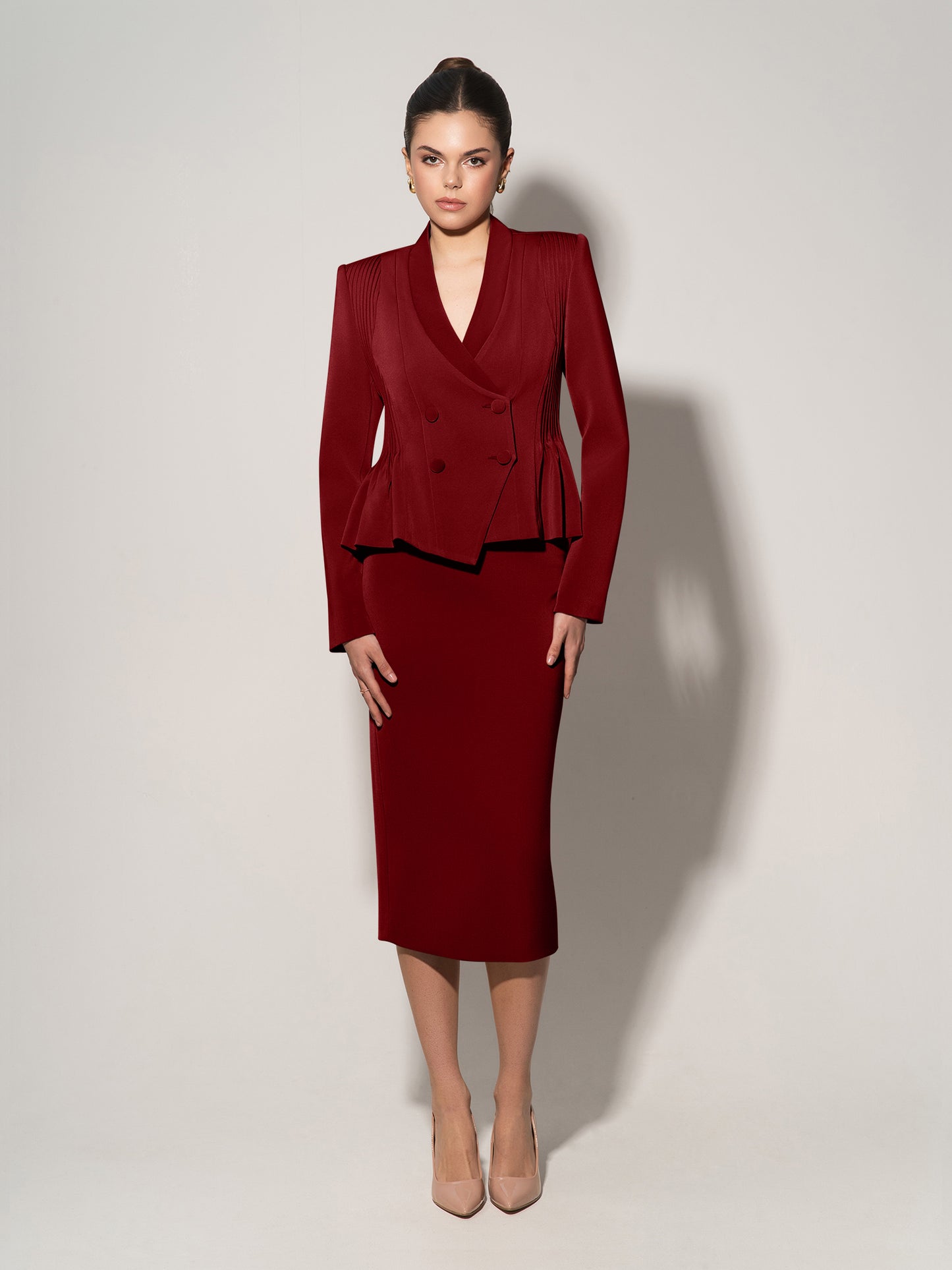 Double-Breasted Blazer With Pleated Details - Burgundy