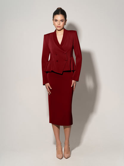 Double-Breasted Blazer With Pleated Details - Burgundy