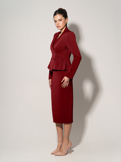 Double-Breasted Blazer With Pleated Details - Burgundy