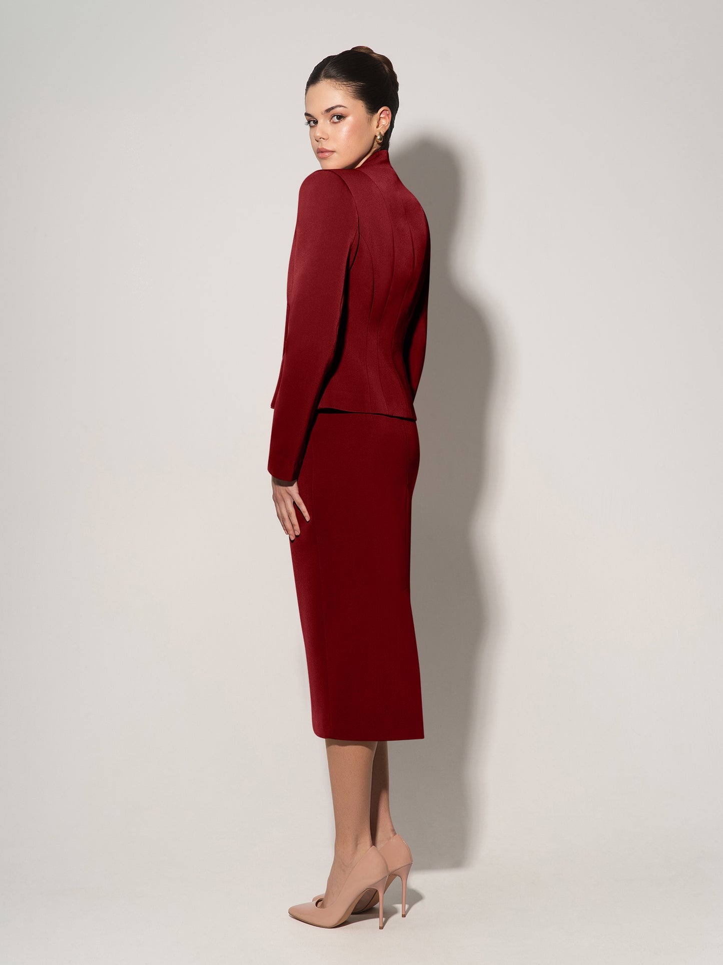 Double-Breasted Blazer With Pleated Details - Burgundy