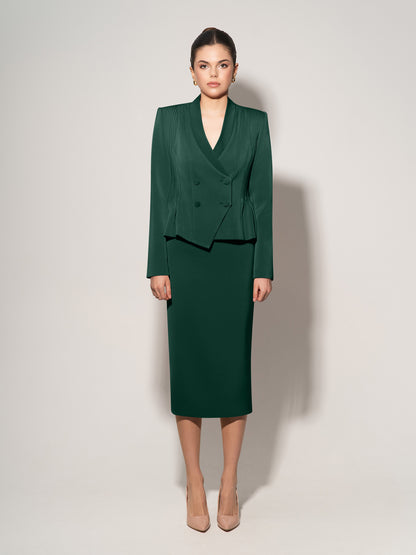 Double-Breasted Blazer With Pleated Details - Dark Green