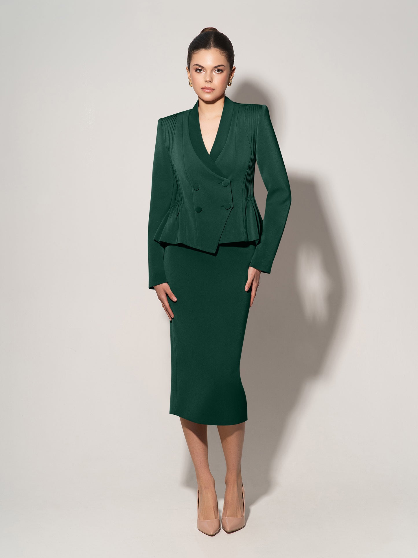 Double-Breasted Blazer With Pleated Details - Dark Green
