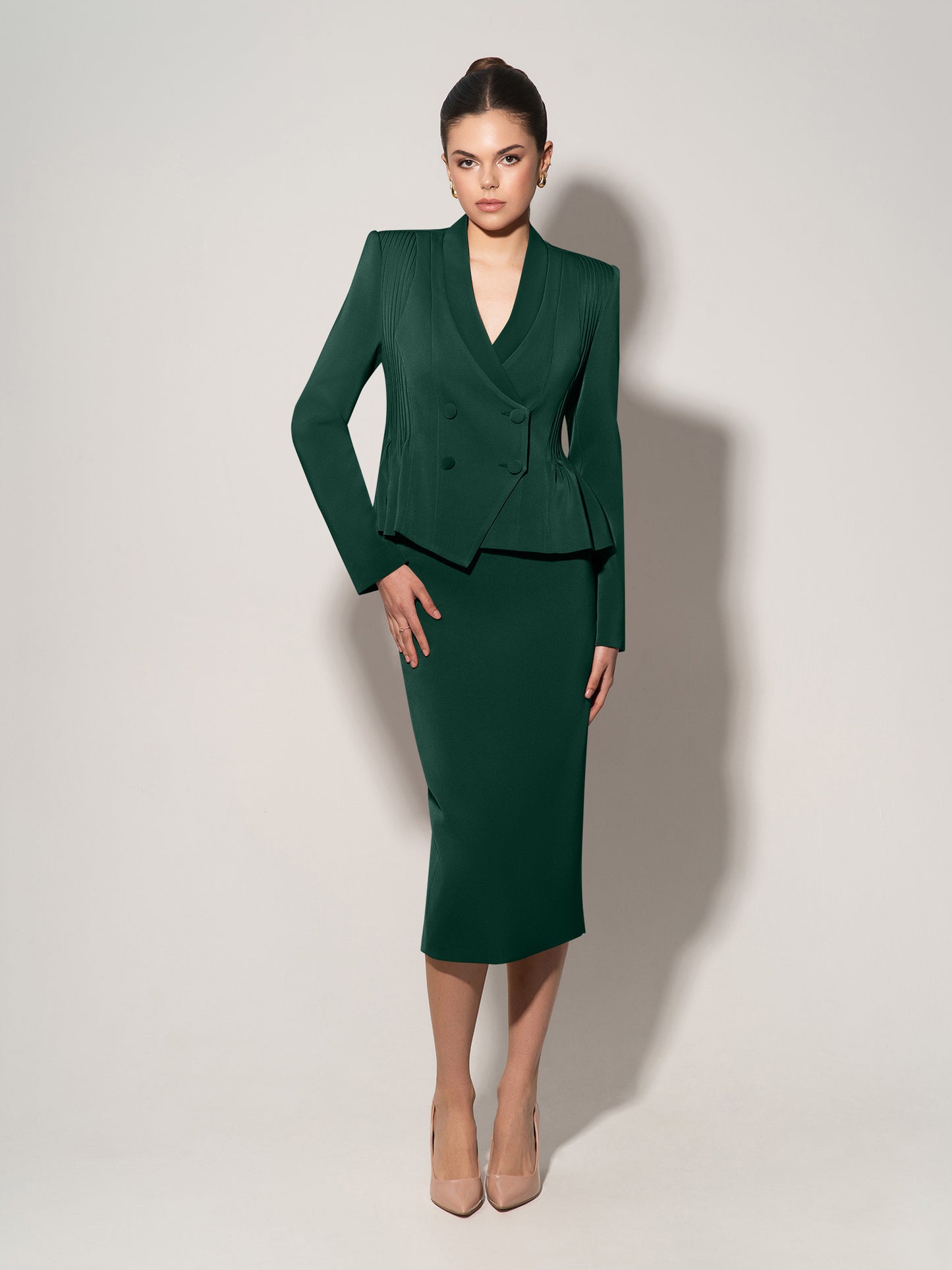 Double-Breasted Blazer With Pleated Details - Dark Green