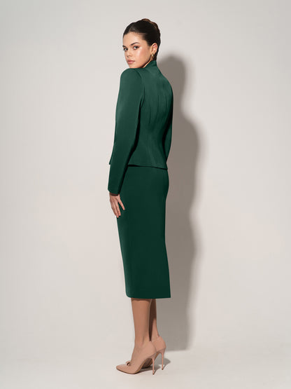 Double-Breasted Blazer With Pleated Details - Dark Green