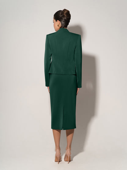 Double-Breasted Blazer With Pleated Details - Dark Green