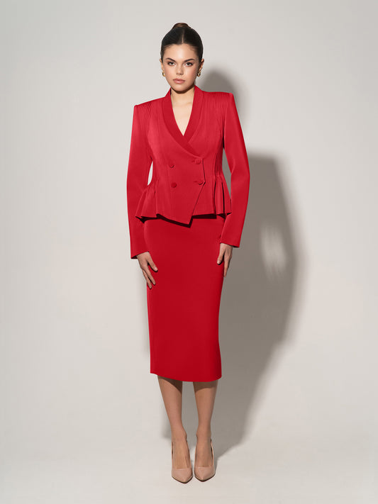 Double-Breasted Blazer With Pleated Details - Fierce Red