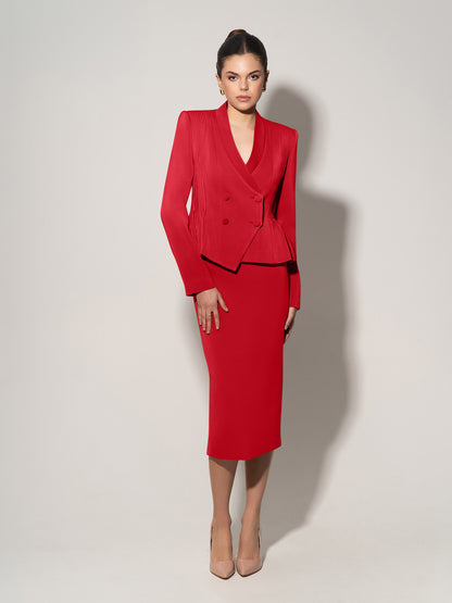 Double-Breasted Blazer With Pleated Details - Fierce Red