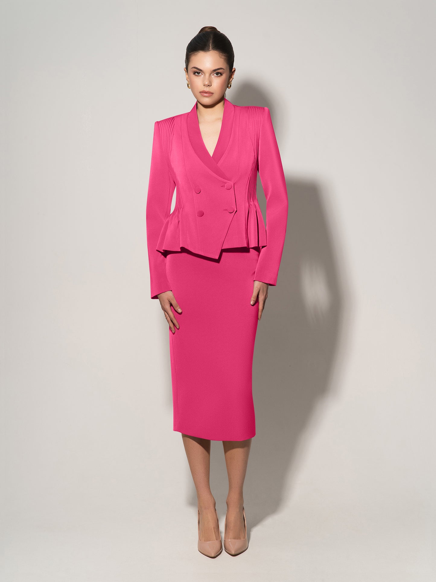 Double-Breasted Blazer With Pleated Details - Hot Pink
