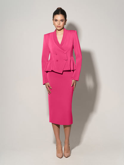Double-Breasted Blazer With Pleated Details - Hot Pink