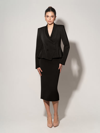 Double-Breasted Blazer & Skirt Suit - Black