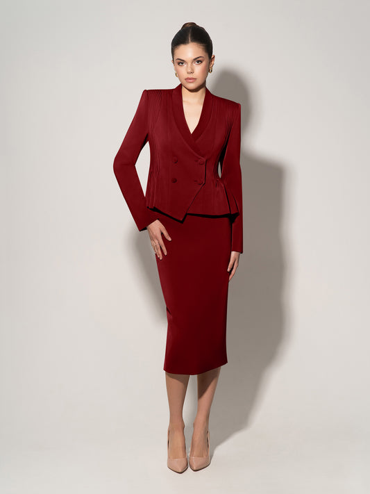 Double-Breasted Blazer & Skirt Suit - Burgundy