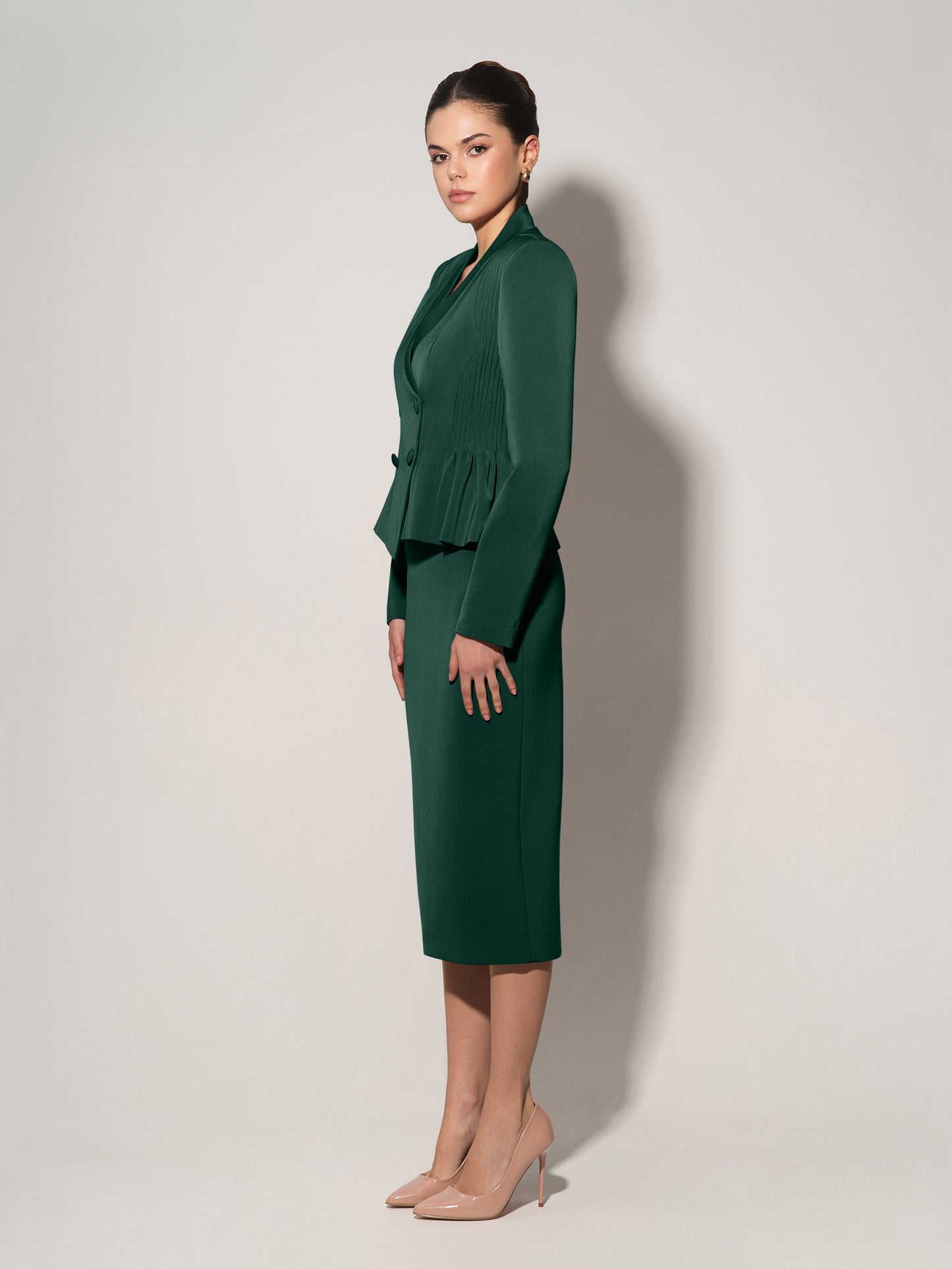 Double-Breasted Blazer & Skirt Suit - Dark Green