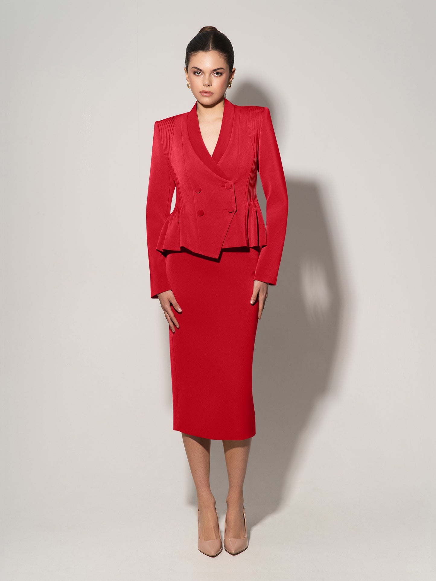 Double-Breasted Blazer & Skirt Suit - Fierce Red
