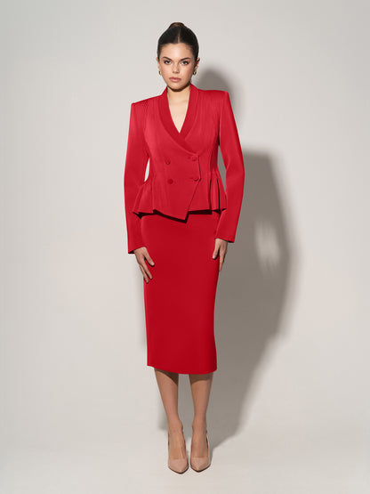 Double-Breasted Blazer & Skirt Suit - Fierce Red