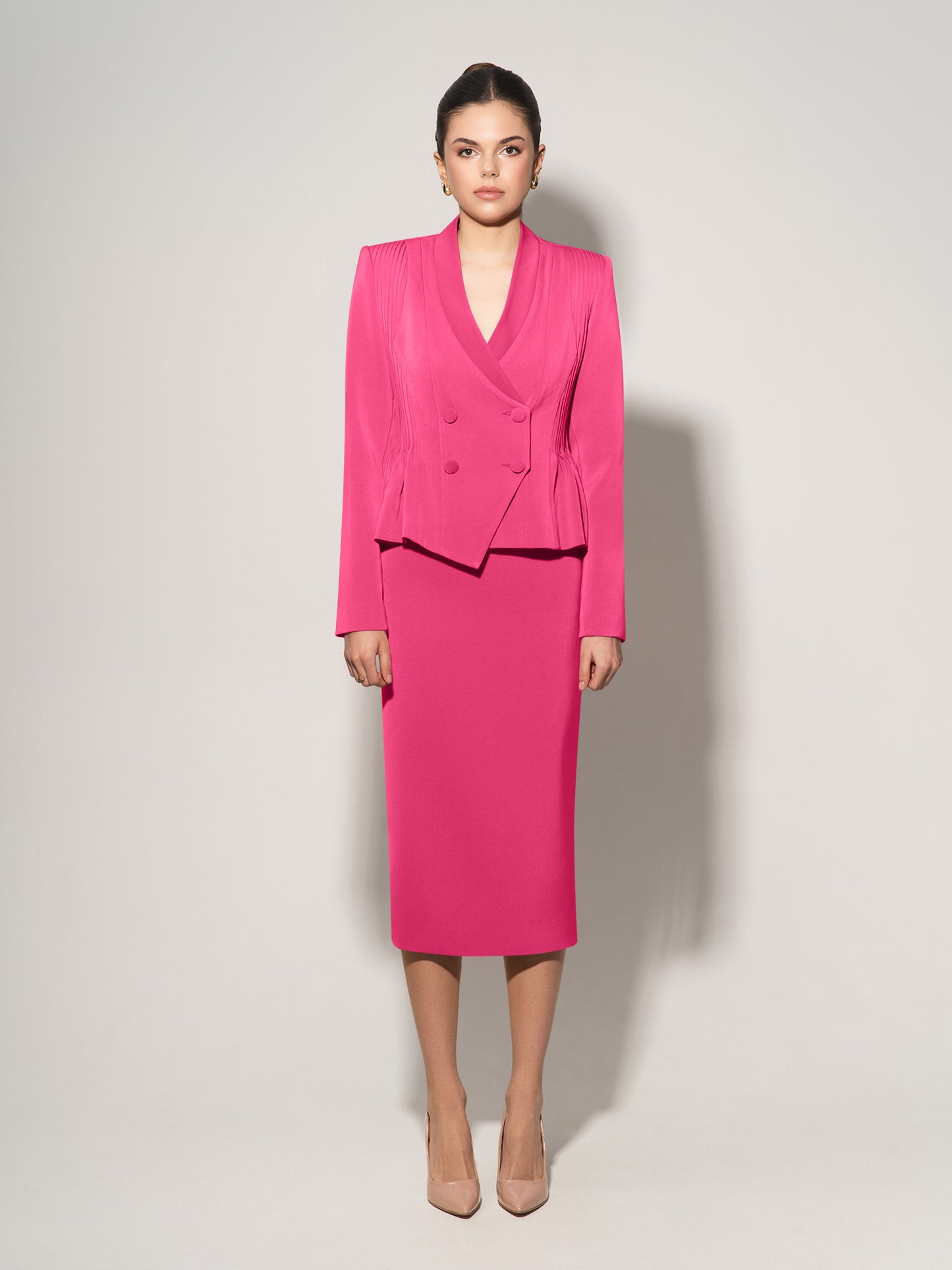 Double-Breasted Blazer & Skirt Suit - Hot Pink