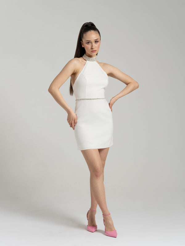 Fall in Love Crystal-Embellished Mini Dress Pearl White / M