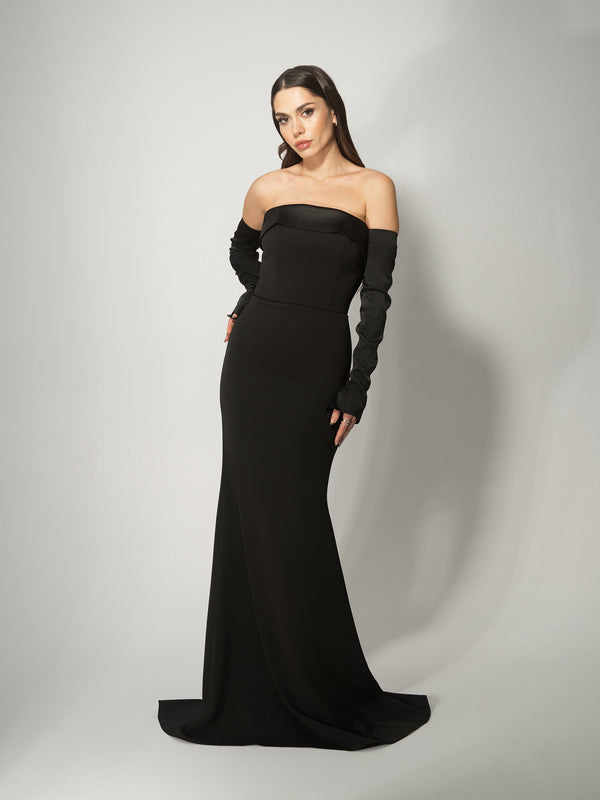 fatale maxi dress in midnight black Femme Fatale Evening Gown with Detachable Sleeves