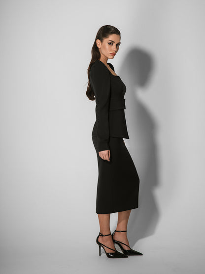 Fitted Blouse & Pencil Skirt Set - Black