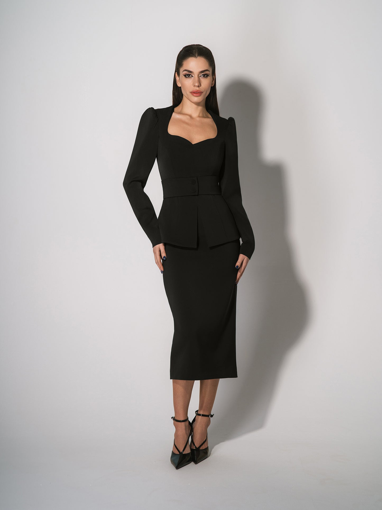 Fitted Blouse & Pencil Skirt Set - Black