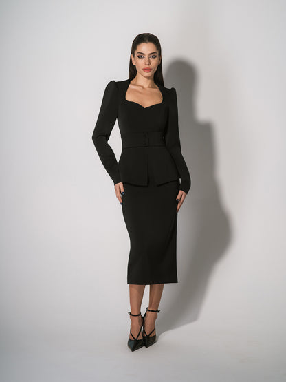 Fitted Blouse & Pencil Skirt Set - Black