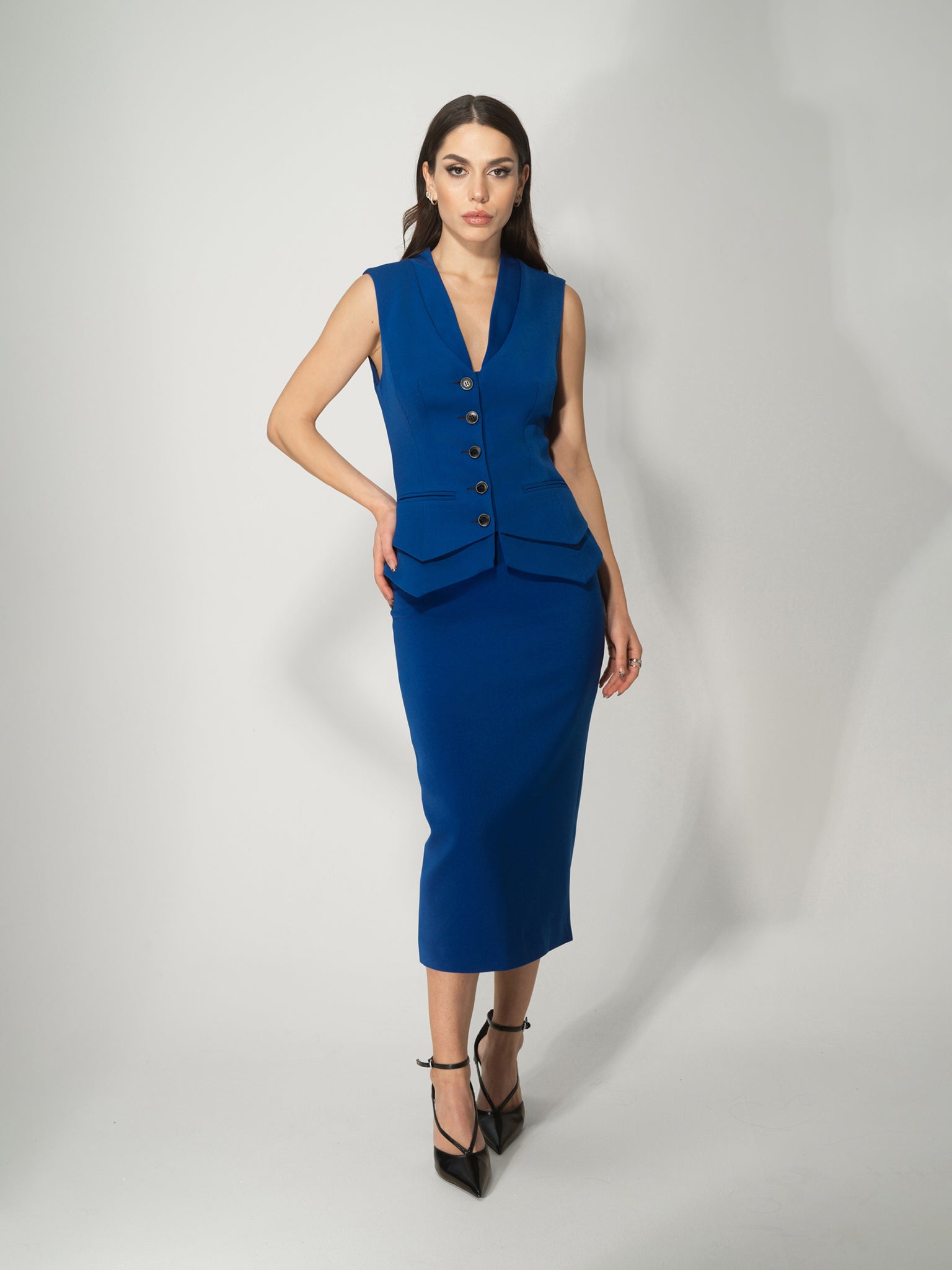 Fitted Waistcoat & Skirt Set - Royal Azure by Tia Dorraine Women's Luxury Fashion Designer Clothing Brand