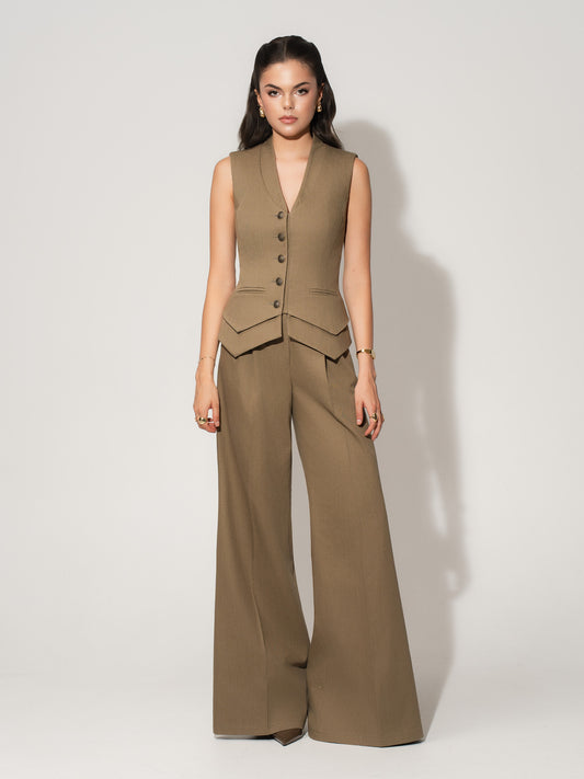 Fitted Waistcoat & Trousers Linen Set - Khaki