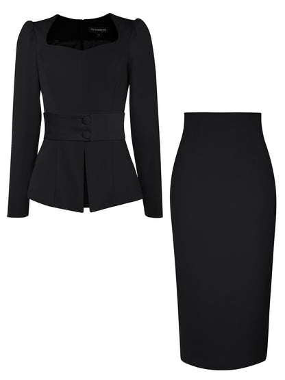 Fitted Blouse & Pencil Skirt Set - Black