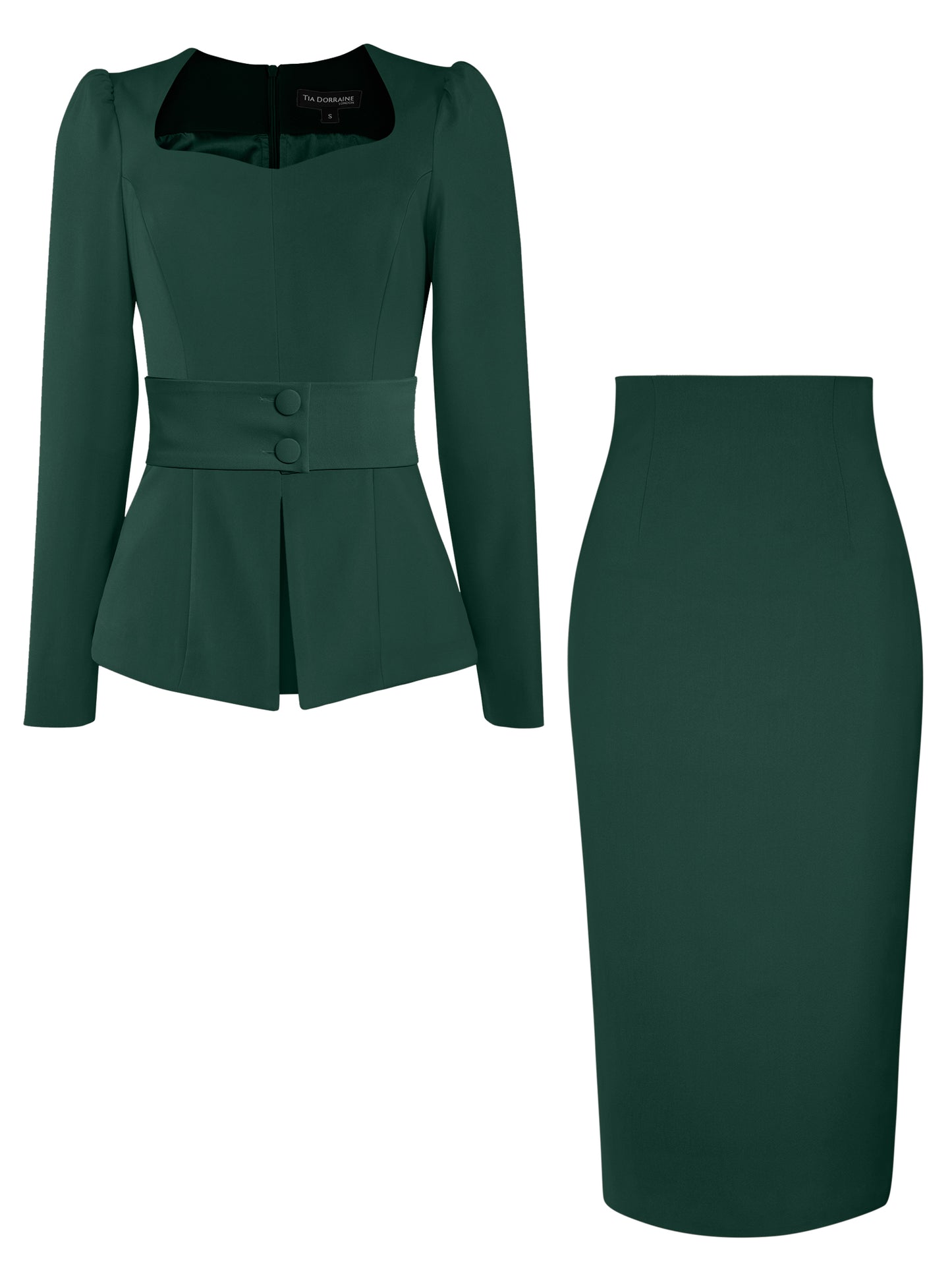 Fitted Blouse & Pencil Skirt Set - Dark Green