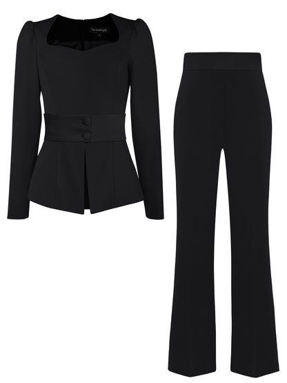 Fitted Blouse & Trousers Set - Black