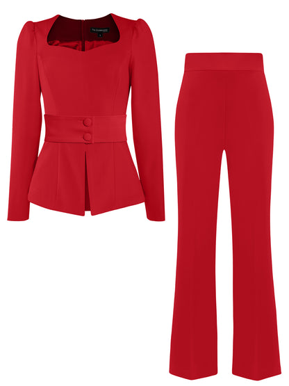 Fitted Blouse & Trousers Set - Fierce Red