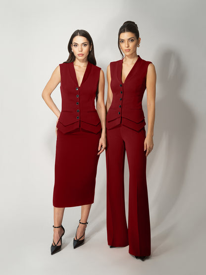 Fitted Single-Breasted Waistcoat - Burgundy by Tia Dorraine Women's Luxury Fashion Designer Clothing Brand