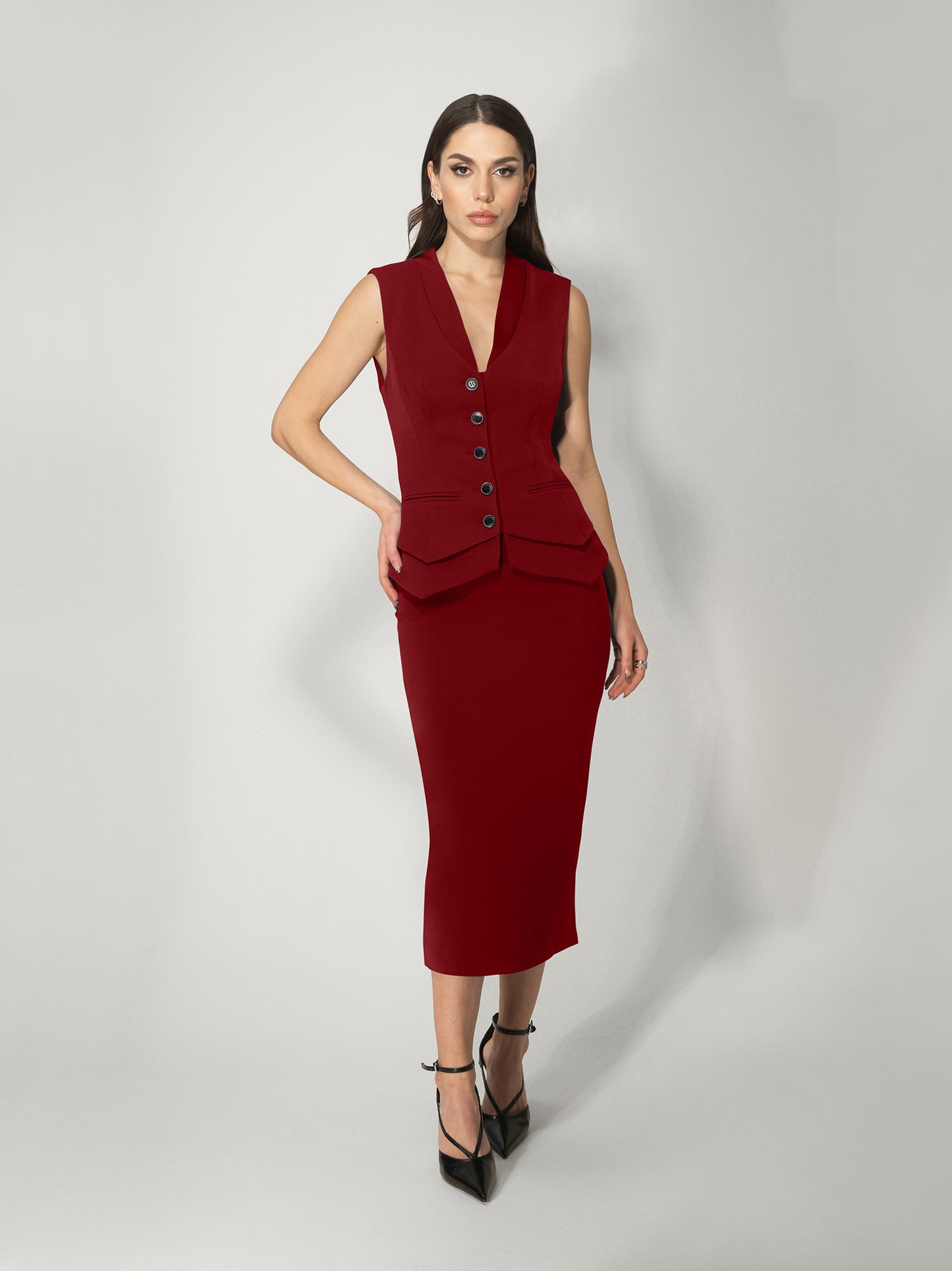 Fitted Single-Breasted Waistcoat - Burgundy by Tia Dorraine Women's Luxury Fashion Designer Clothing Brand