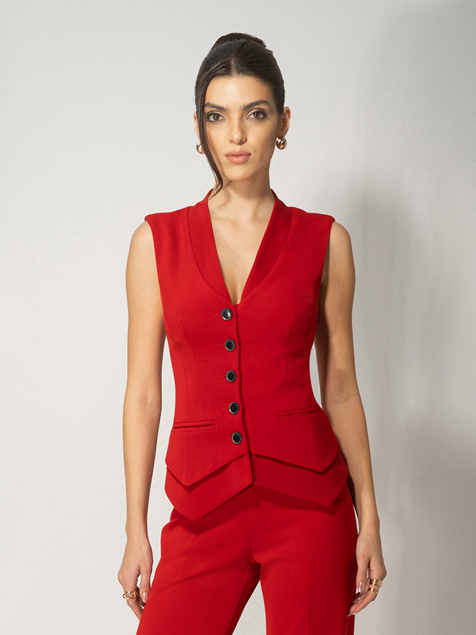 Fitted Single-Breasted Waistcoat - Fierce Red by Tia Dorraine Women's Luxury Fashion Designer Clothing Brand