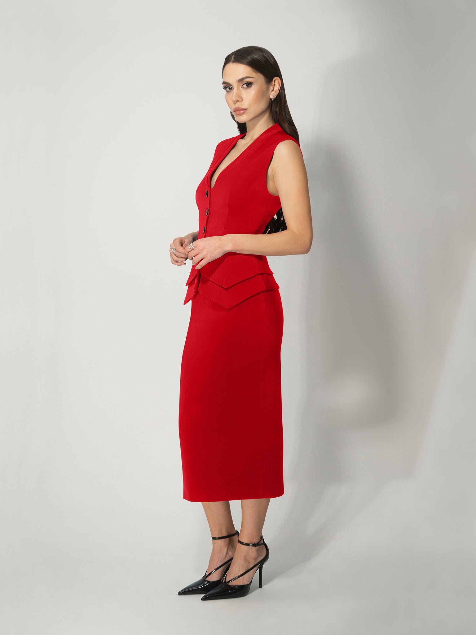 Fitted Single-Breasted Waistcoat - Fierce Red by Tia Dorraine Women's Luxury Fashion Designer Clothing Brand