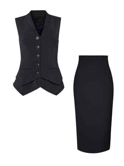 Fitted Waistcoat & Skirt Set - Black Black / M Fitted Waistcoat & Skirt Set - Black Black / M