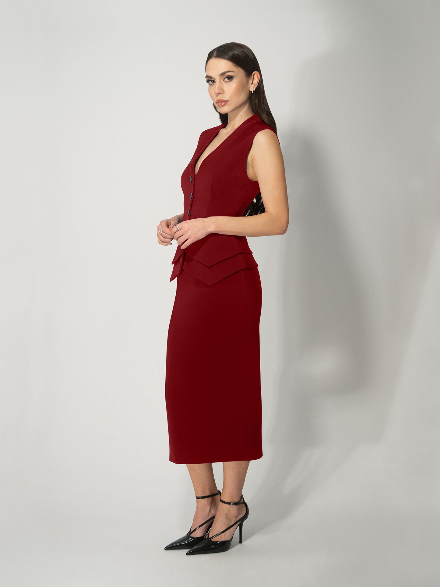 Fitted Waistcoat & Skirt Set - Burgundy by Tia Dorraine Women's Luxury Fashion Designer Clothing Brand