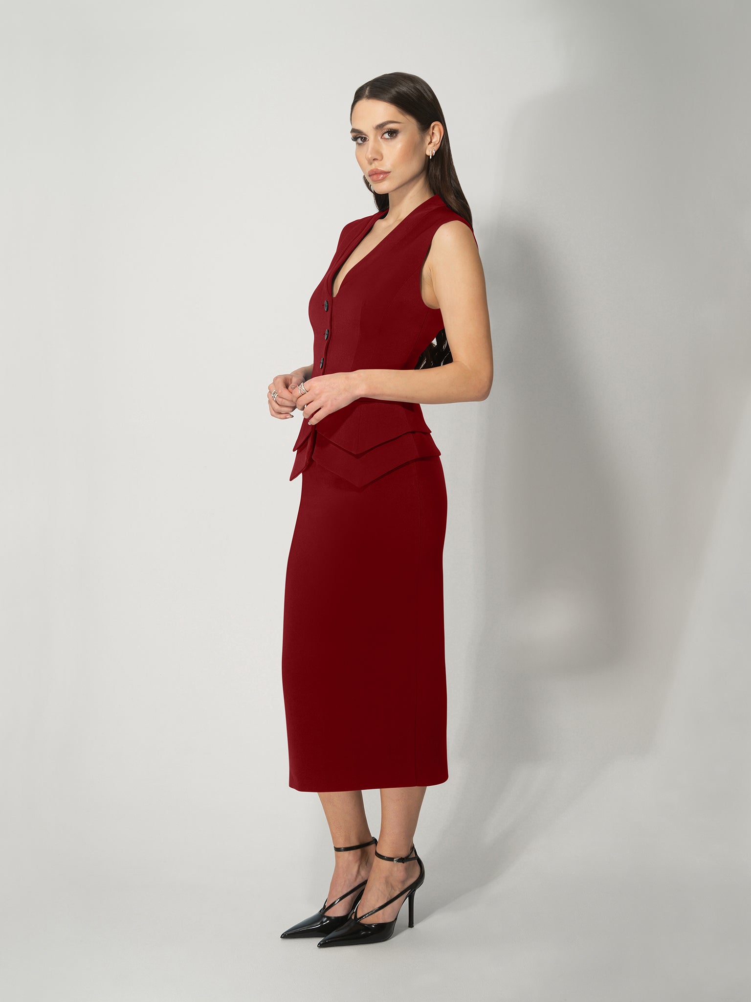 Fitted Waistcoat & Skirt Set - Burgundy by Tia Dorraine Women's Luxury Fashion Designer Clothing Brand
