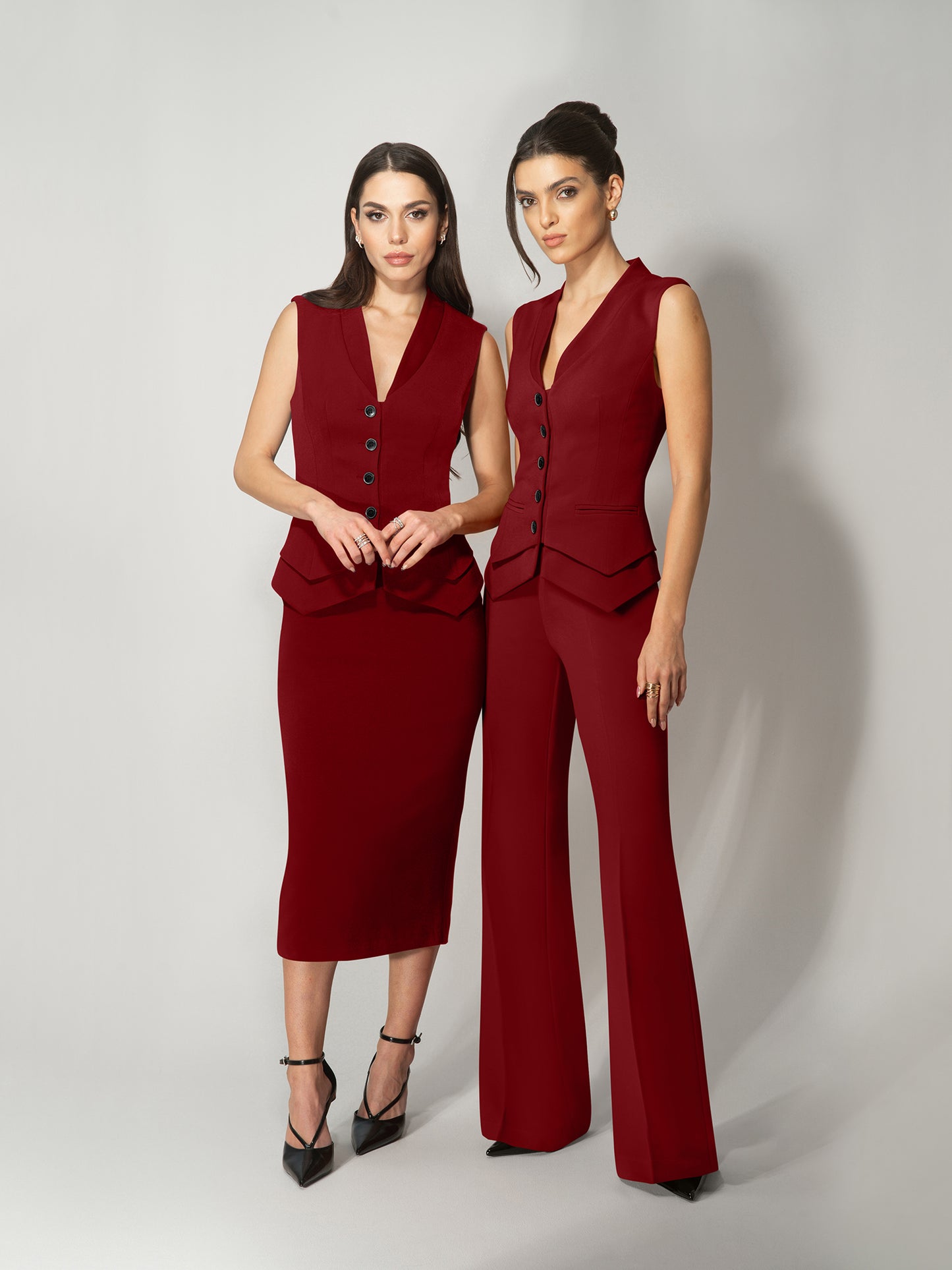 Fitted Waistcoat & Skirt Set - Burgundy by Tia Dorraine Women's Luxury Fashion Designer Clothing Brand