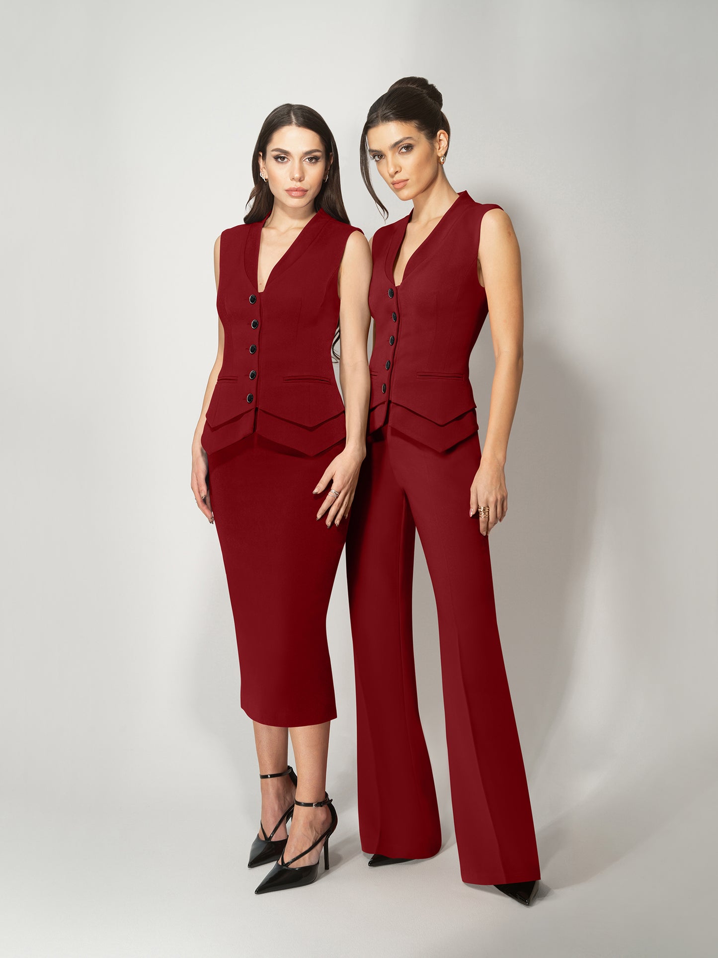 Fitted Waistcoat & Skirt Set - Burgundy by Tia Dorraine Women's Luxury Fashion Designer Clothing Brand