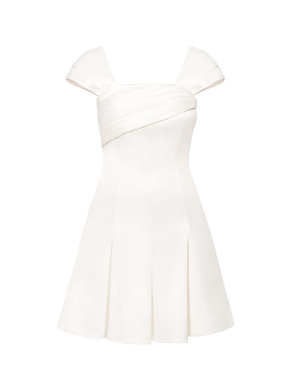 Flared Satin Mini Dress With Gathered Bust Overlay - Pearl White