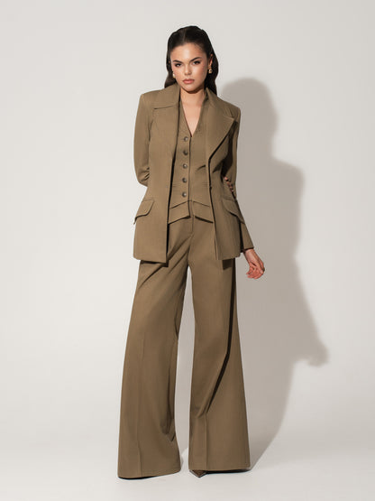Flared Trousers With Adjustable Waist In Linen - Green