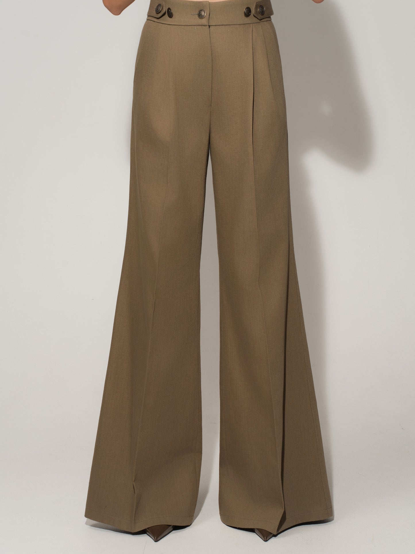 Flared Trousers With Adjustable Waist In Linen - Green