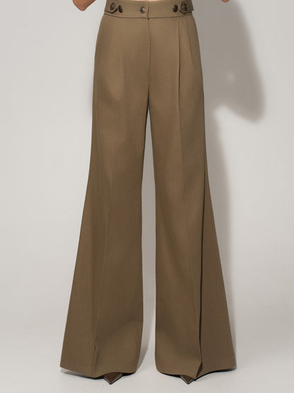Flared Trousers With Adjustable Waist In Linen - Green