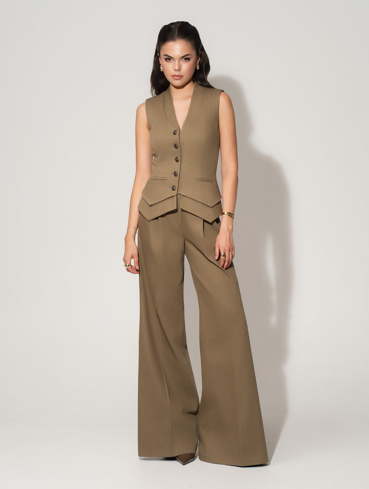 Flared Trousers With Adjustable Waist In Linen - Green