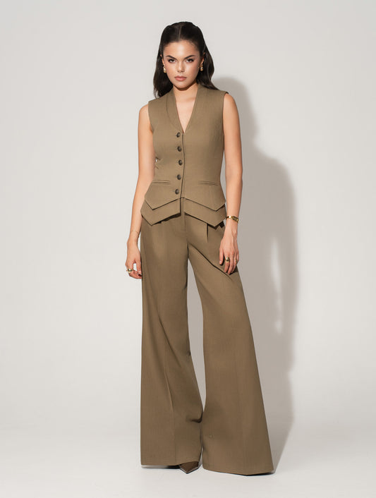 Flared Trousers With Adjustable Waist In Linen - Green