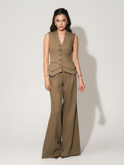 Flared Trousers With Adjustable Waist In Linen - Green