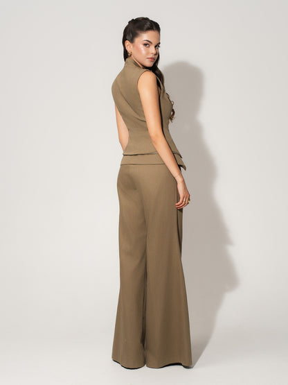 Flared Trousers With Adjustable Waist In Linen - Green
